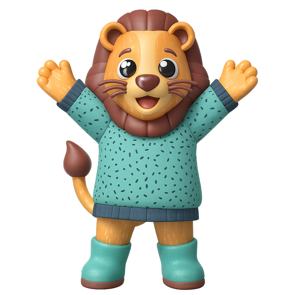 Symba, the friendly SymphoServe lion guide, raising both hands in welcome